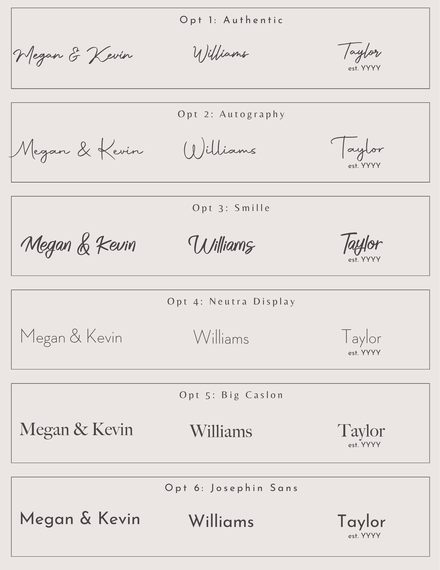 Six engraving font options available for Tavolo Studios custom boards.